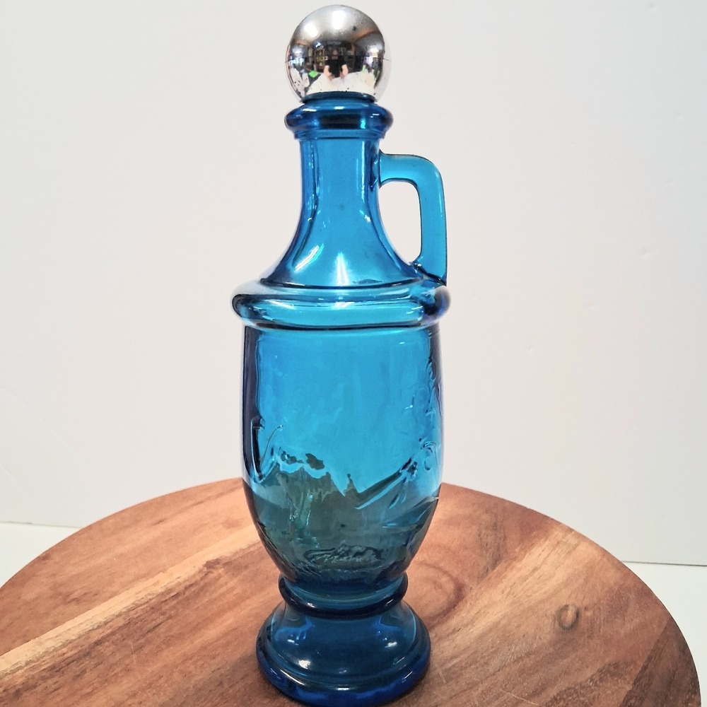 VTG 8oz Belgium Glass Perfume Bottle Blue Aphrodite Design Metallic Screw Cap